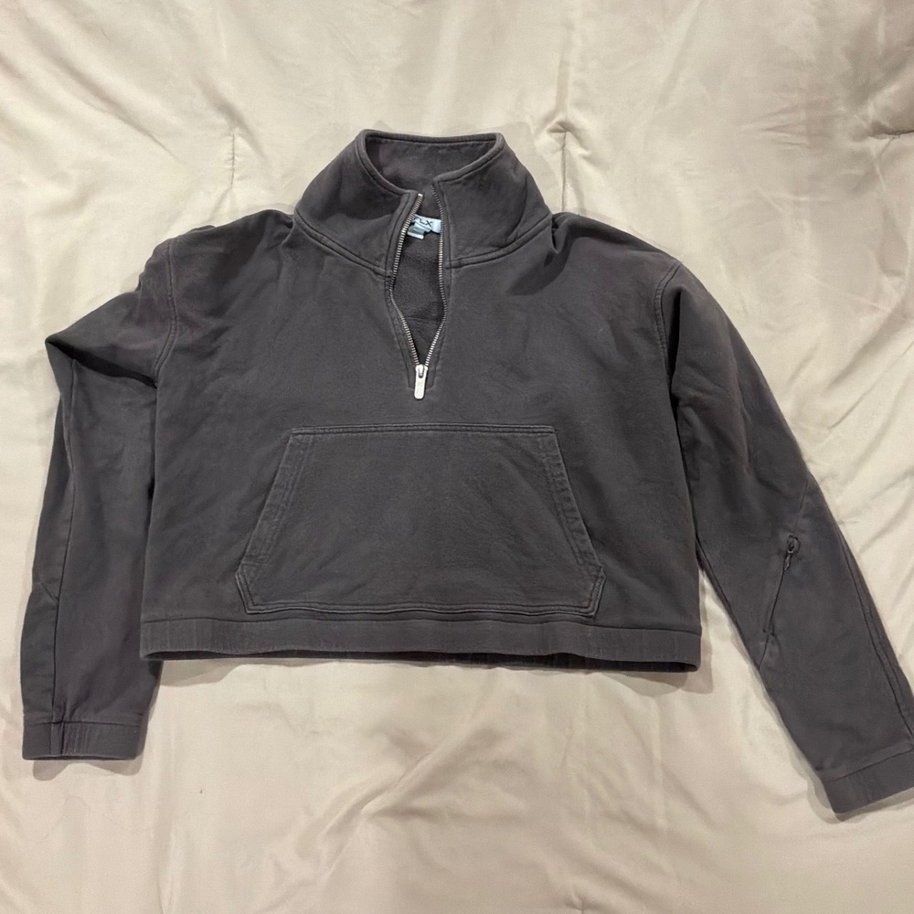 FLX Scuba Oversized Half‎ Zip Hoodie Black Charcoal Grey Cropped Sweatshirt Sz S